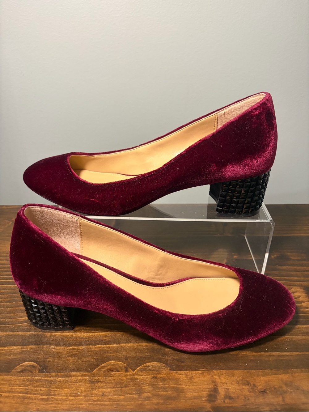 MICHAEL Michael Kors Arabella Studded Block Heel Velvet Pumps in Burgundy